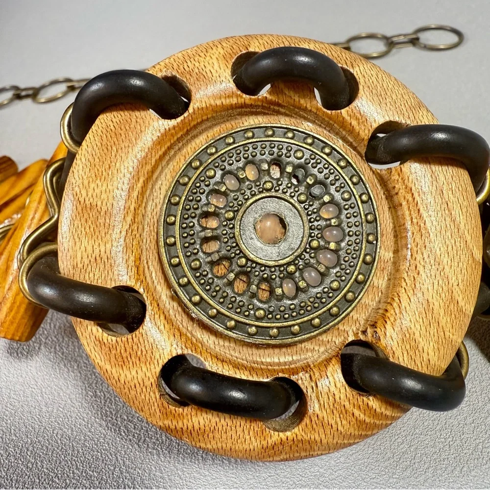Vintage Wooden Medallian and Pegs Brass Metal Link Chain Belt